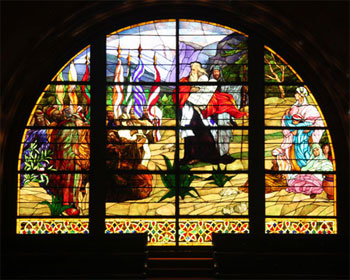 Moses Presenting the Ten Commandments to the Children of Israel at Yosemite, stained glass, 1905