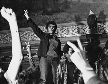 A student leads a Black Power rally at the Wisconsin state Capitol, circa 1969