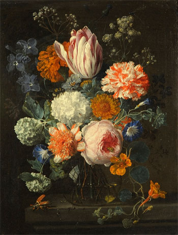 Still Life of Tulips, Convolvulus, Rose and Other Flowers in a Glass Vase on a Ledge, ca. 17th Century