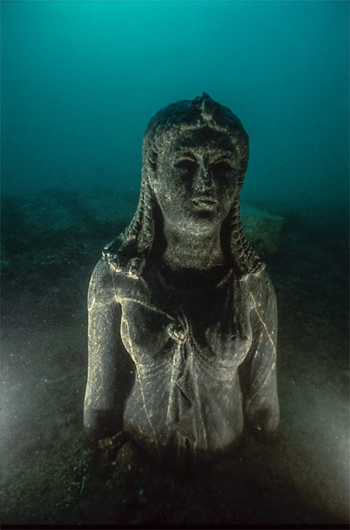 Bust of the black stone queen set up underwater on site, Heracleion, Egypt; Ptolemaic Period